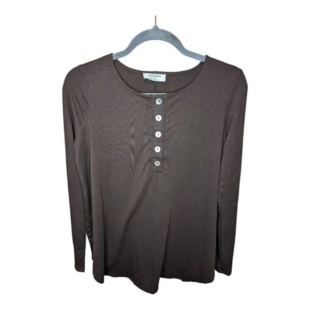 Zenana Chocolate Brown Long Sleeve Henley Pullover Tee with Scoop Neck Women's S